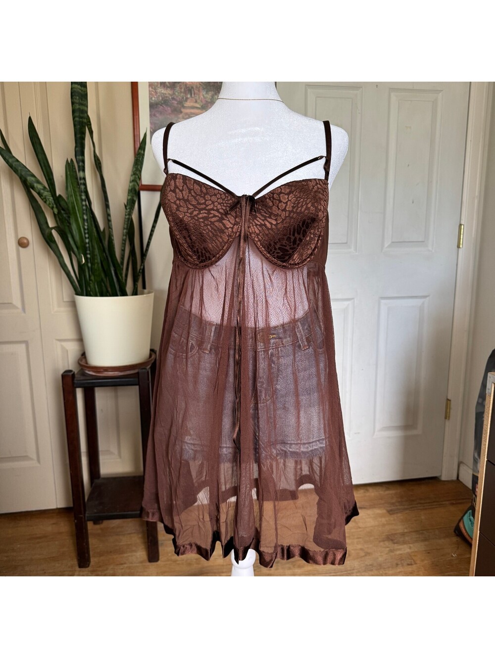 Cacique Brown Sheer Babydoll Lingerie with Animal Print Bra Cups Size 18/20